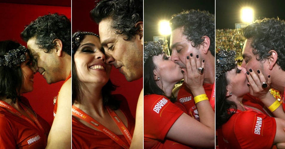 O ator Alexandre Nero não se intimida com os fotógrafos e beija muito a namorada Karen Brustolin, no Camarote Brahma (20/2/12)